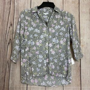 J.Jill Womens Soft Gray Floral Button up Blouse Size XSP